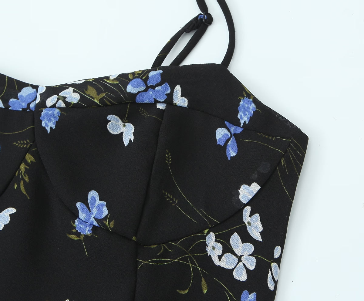 Vestido de primavera para mujer, ajustado, corto, con volantes y tirantes finos, estampado floral