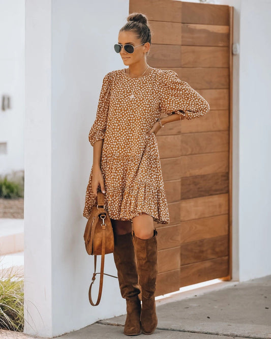 Vestido de otoño-invierno con estampado floral, manga larga, estilo princesa, holgado, para casa