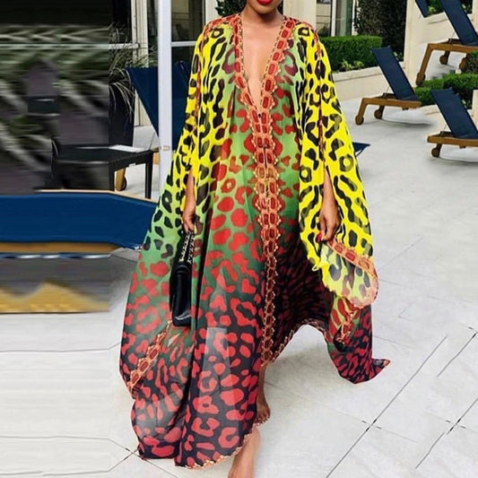 Vestido africano elegante de gasa con escote en V, largo hasta el suelo, de una sola botonadura, talla grande, para primavera y verano