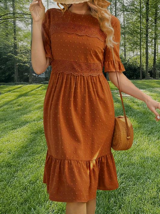 Vestido de primavera y verano para mujer, con costuras de encaje, color liso, cuello redondo y mangas con volantes