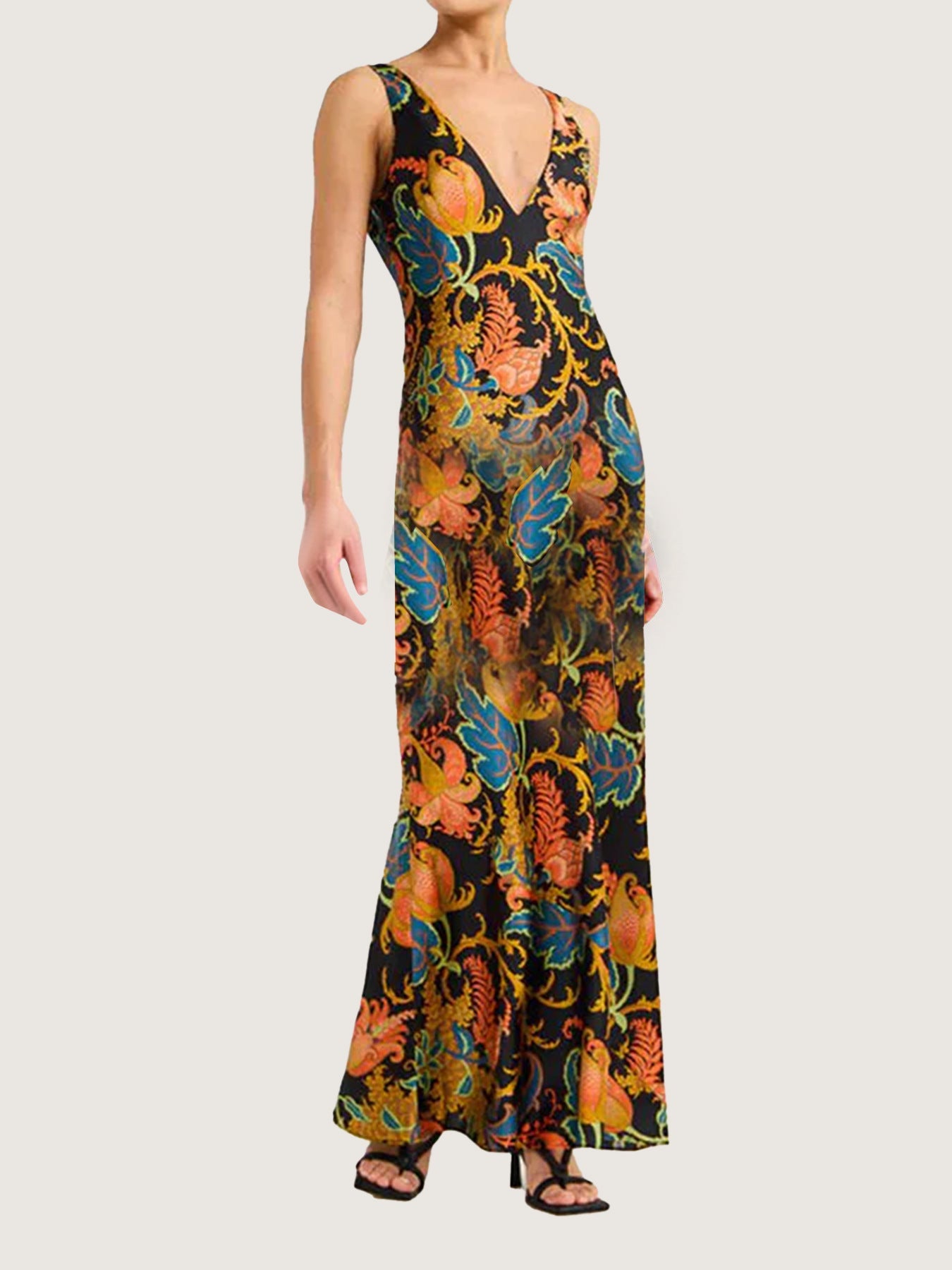 Vestido largo sin mangas con estampado de posicionamiento y espalda descubierta