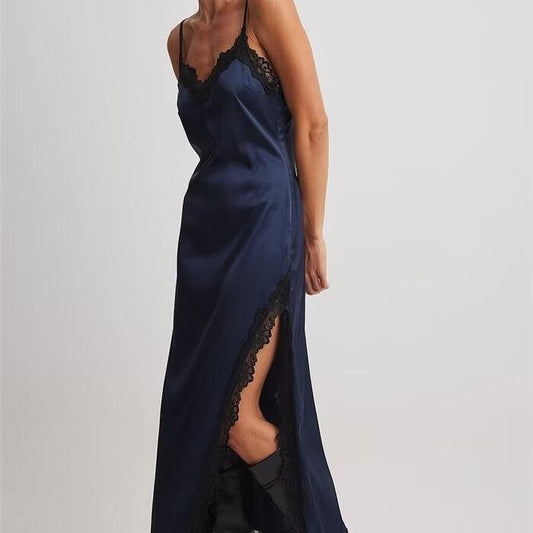 Vestido de tirantes con escote en V y encaje francés ajustado para mujer, primavera temprana