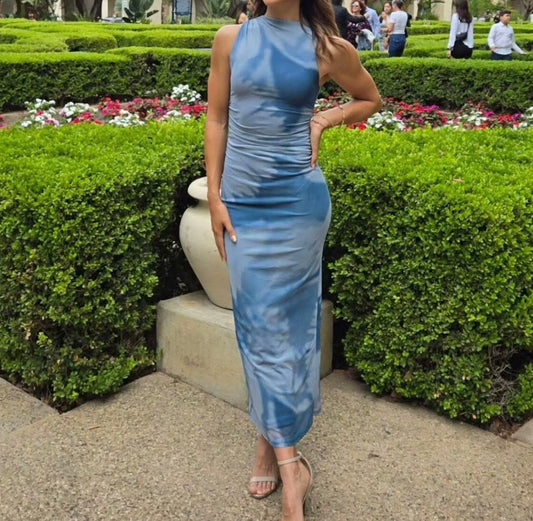 Vestido ajustado plisado sin mangas con estampado floral de malla sexy para mujer de principios de primavera