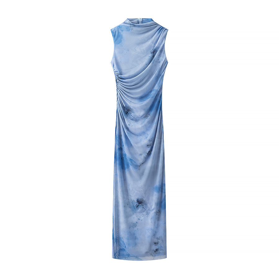 Vestido ajustado plisado sin mangas con estampado floral de malla sexy para mujer de principios de primavera