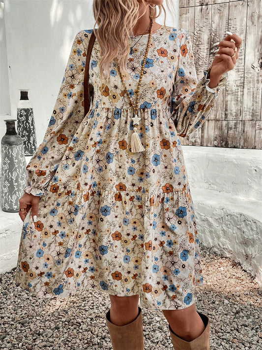 Printed round Neck Lantern Sleeve Frill Loose Casual Dress Autumn