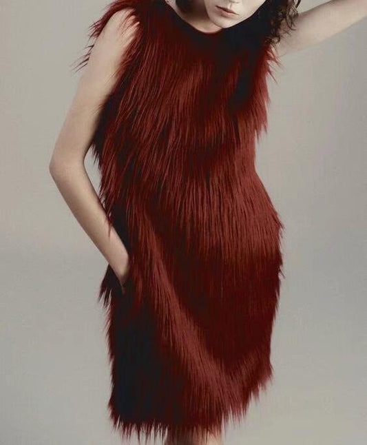 Winter Women Clothing Sleeveless Artificial Fur Effect Dress