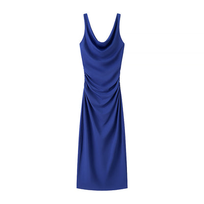 Vestido midi sin mangas, elegante, sexy, plisado y decorativo, para primavera y verano.