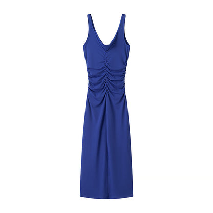 Vestido midi sin mangas, elegante, sexy, plisado y decorativo, para primavera y verano.