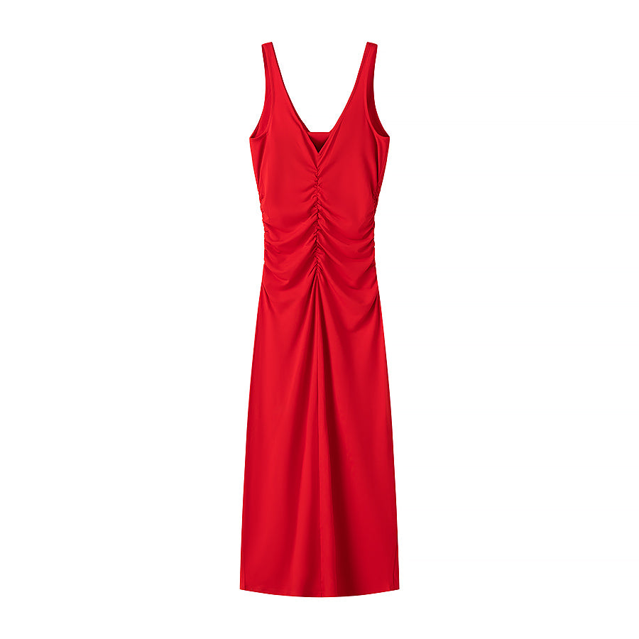 Vestido midi sin mangas, elegante, sexy, plisado y decorativo, para primavera y verano.
