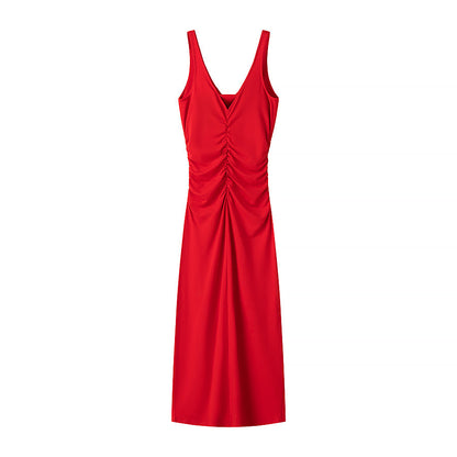 Vestido midi sin mangas, elegante, sexy, plisado y decorativo, para primavera y verano.