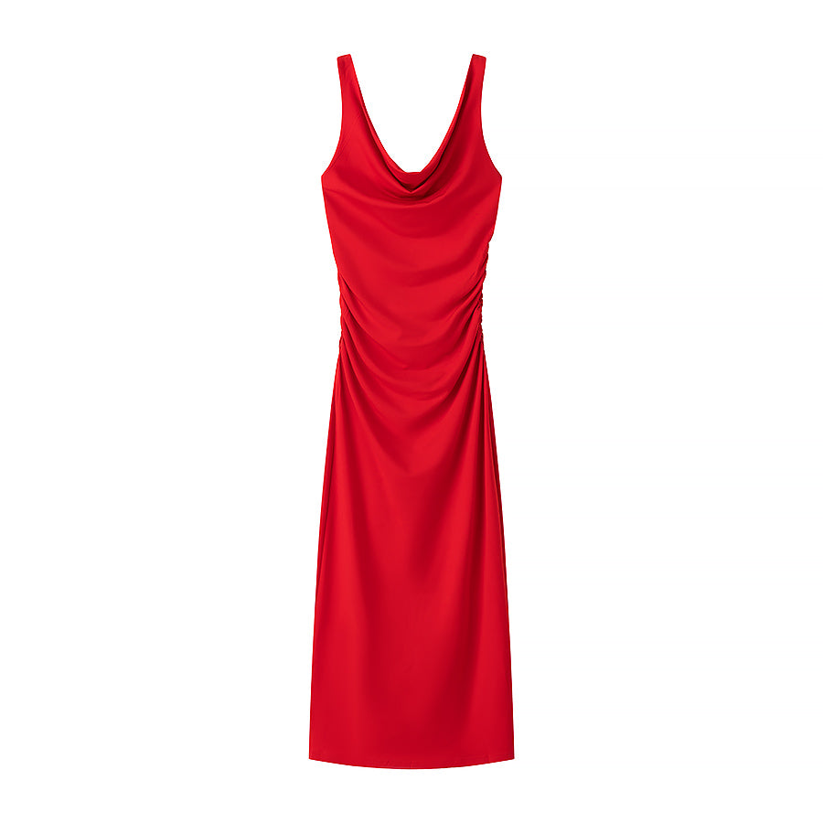 Vestido midi sin mangas, elegante, sexy, plisado y decorativo, para primavera y verano.