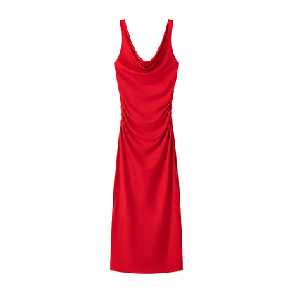 Vestido midi sin mangas, elegante, sexy, plisado y decorativo, para primavera y verano.