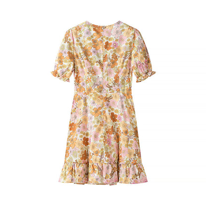 Vestido ajustado de longitud media con cuello en V y mangas abullonadas para mujer, primavera y verano