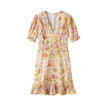 Vestido ajustado de longitud media con cuello en V y mangas abullonadas para mujer, primavera y verano