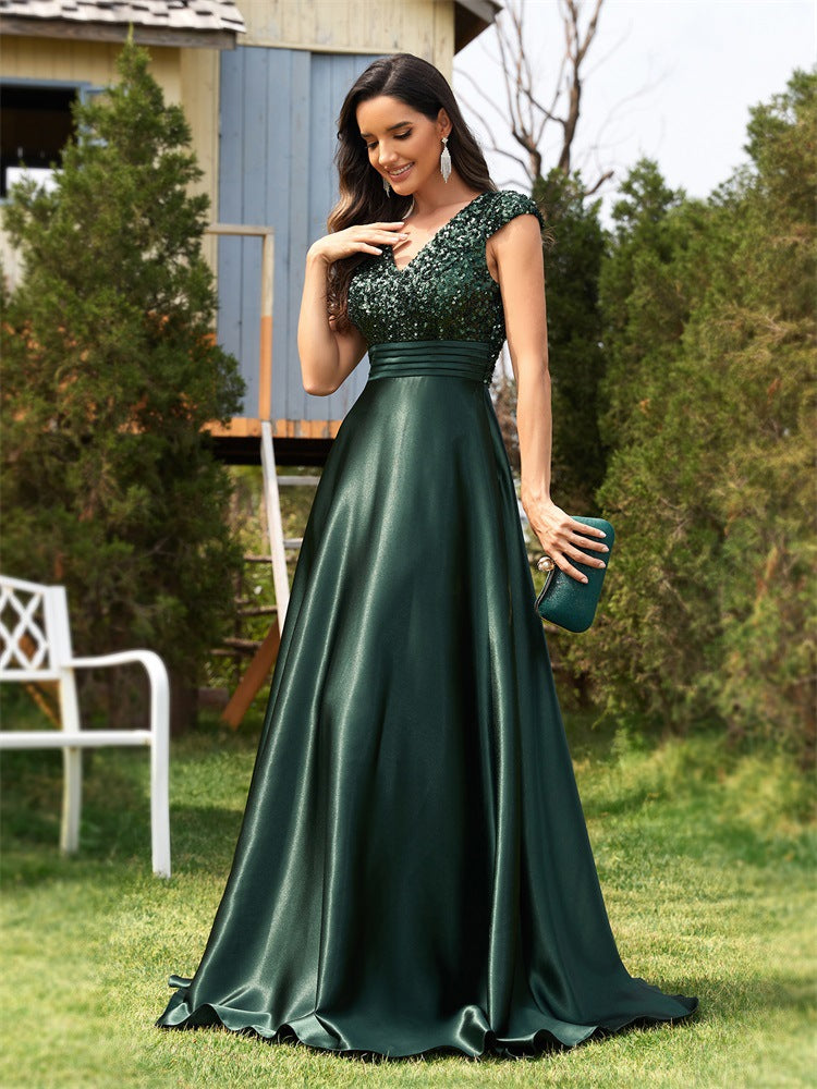 Vestido de noche con escote en V y lentejuelas para mujer, elegante vestido de cóctel de satén de corte A, vestido de fiesta para mujer