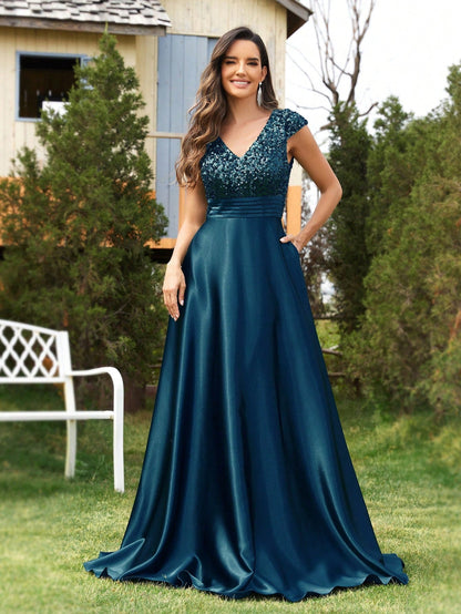 Vestido de noche con escote en V y lentejuelas para mujer, elegante vestido de cóctel de satén de corte A, vestido de fiesta para mujer