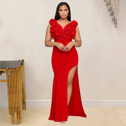 Vestido largo con abertura y cuello en V sin mangas para mujer