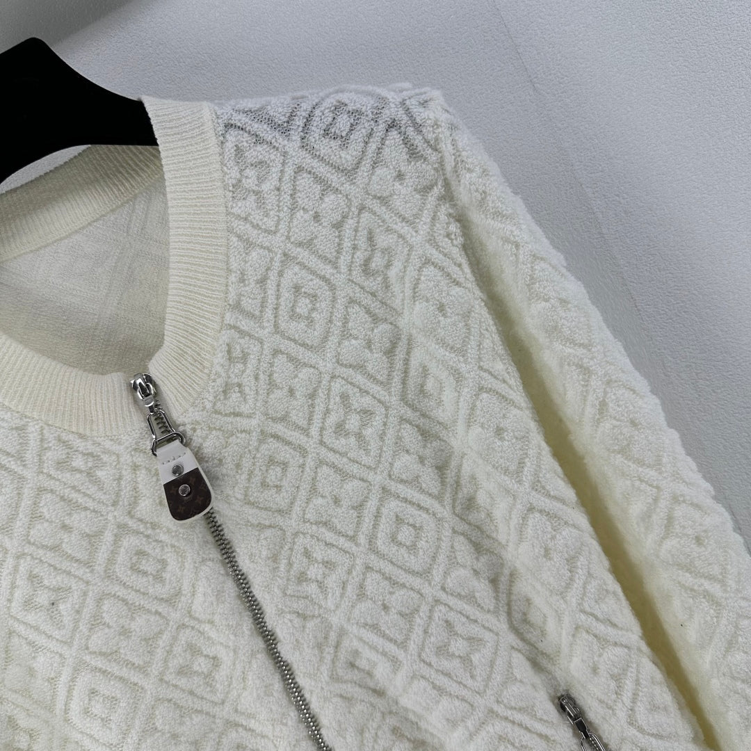 LV Embossed Long-Sleeved Cardigan in Cream Wool 271049