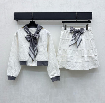 LV25 Embossed Denim Scarf Skirt White Grey Cotton 291767