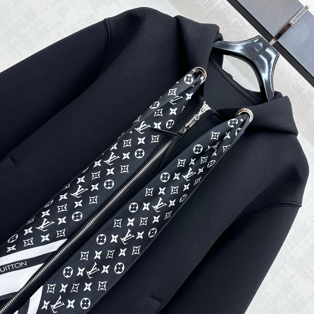 LV25 Silk Scarf Hooded Jacket Black Cotton 290214