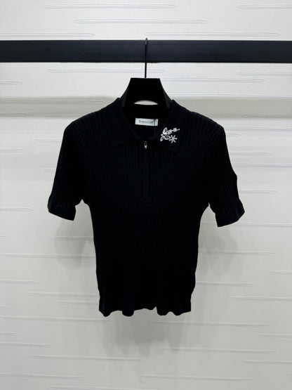 Moncle Beaded Lapel Knit Short-Sleeve Top Black Tencel Cotton 255893