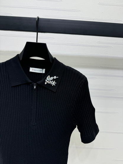 Moncle Beaded Lapel Knit Short-Sleeve Top Black Tencel Cotton 255893