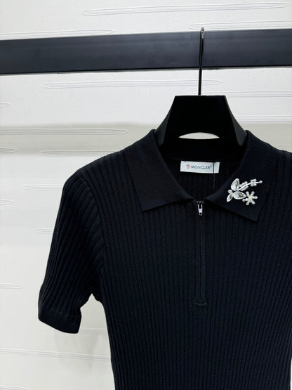 Moncle Beaded Lapel Knit Short-Sleeve Top Black Tencel Cotton 255893