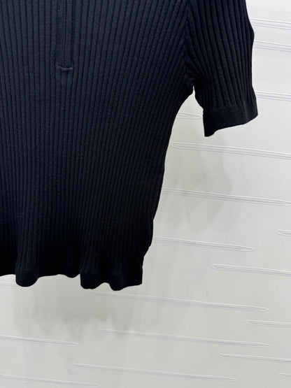 Moncle Beaded Lapel Knit Short-Sleeve Top Black Tencel Cotton 255893