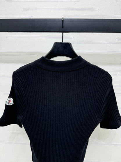 Moncle Beaded Lapel Knit Short-Sleeve Top Black Tencel Cotton 255893