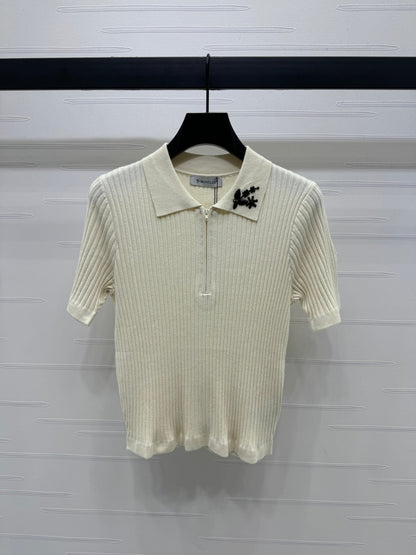 Moncle Beaded Lapel Knit Short-Sleeve Top Cream Tencel Cotton 255895