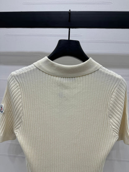 Moncle Beaded Lapel Knit Short-Sleeve Top Cream Tencel Cotton 255895