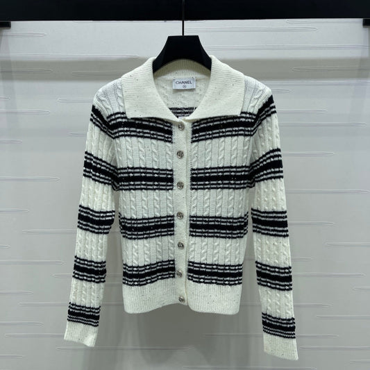 CC 25 Striped Knit Cardigan White Wool