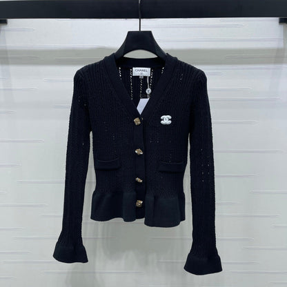 CC 25 Fishtail V-Neck Knitted Long-sleeved Cardigan Black Wool