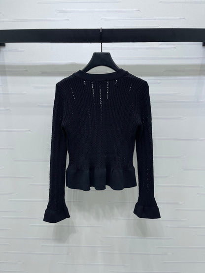 CC 25 Fishtail V-Neck Knitted Long-sleeved Cardigan Black Wool