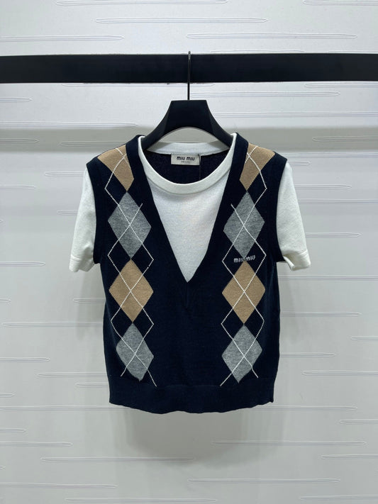 Miumiu Faux Two-Piece Knitted Short-Sleeves Vest Black and White Cashmere