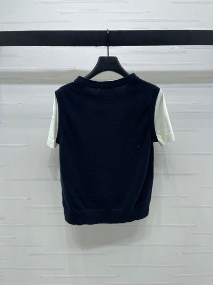 Miumiu Faux Two-Piece Knitted Short-Sleeves Vest Black and White Cashmere