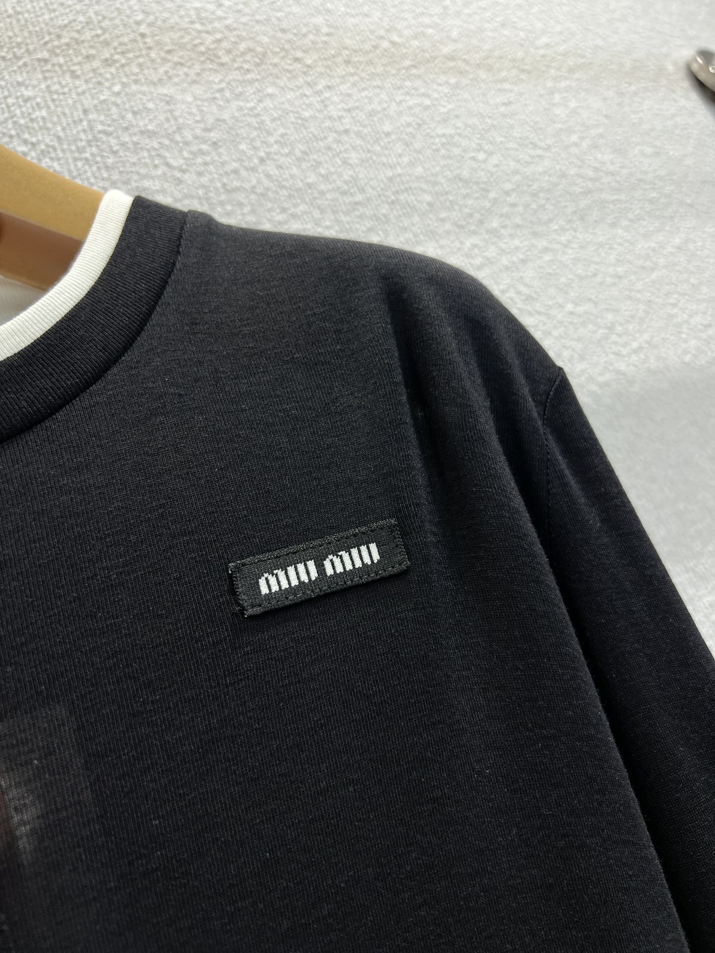 Miumiu 25FW Tencel Wool Fake Two-Piece Long-Sleeved T-Shirt Black Wool