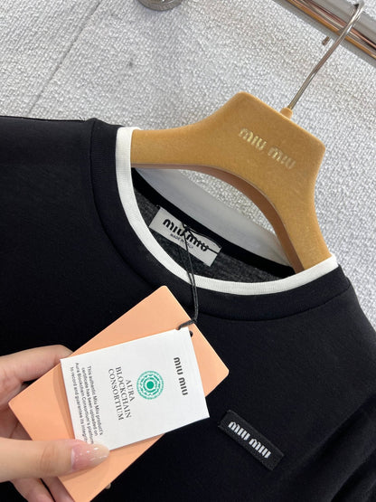 Miumiu 25FW Tencel Wool Fake Two-Piece Long-Sleeved T-Shirt Black Wool
