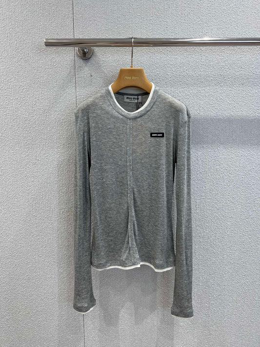 Miumiu 25FW Tencel Wool Fake Two-Piece Long-Sleeved T-Shirt Gray Wool