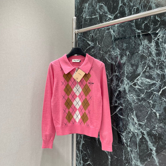 Miumiu 25 Diamond Half-Placket Knitted Sweater Pink Cashmere