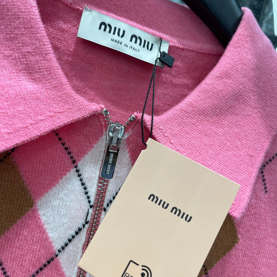Miumiu 25 Diamond Half-Placket Knitted Sweater Pink Cashmere