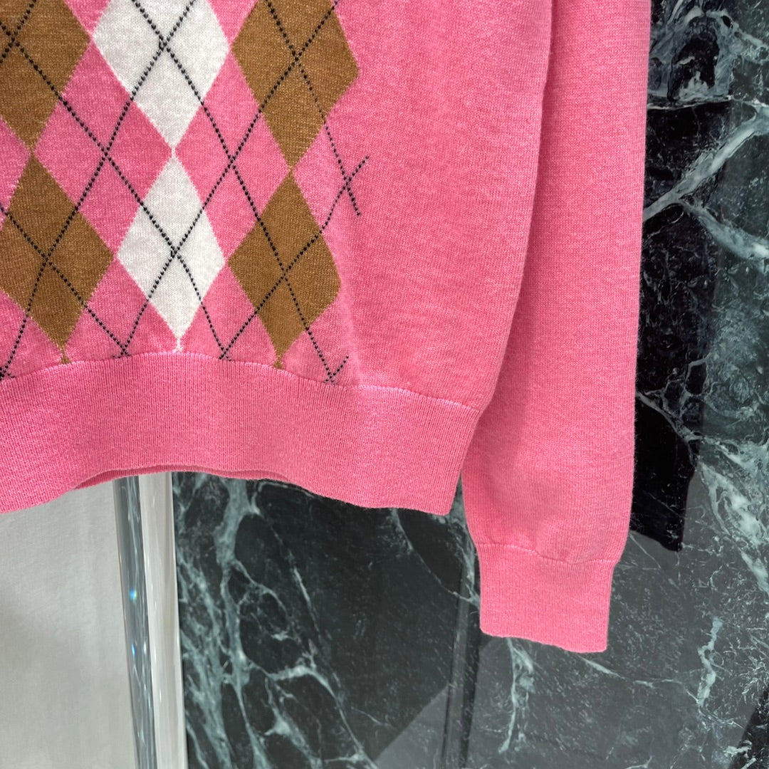 Miumiu 25 Diamond Half-Placket Knitted Sweater Pink Cashmere