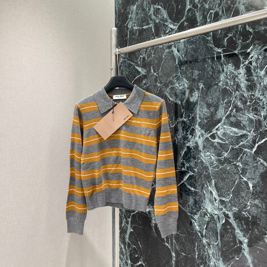 Miumiu 25 Striped Lapel Knitted Long Sleeves Shirt Wool
