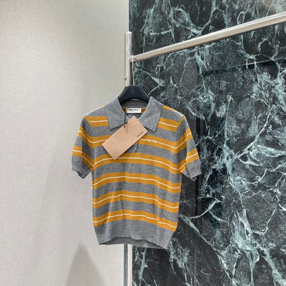 Miumiu 25 Striped Lapel Knitted Short Sleeves Shirt Wool