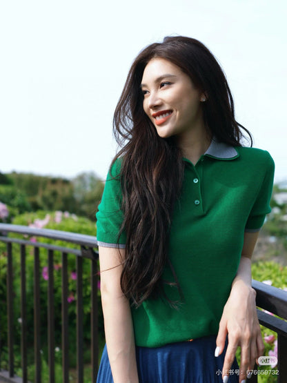 Miumiu Short-Sleeve Polo Shirt Green Cotton