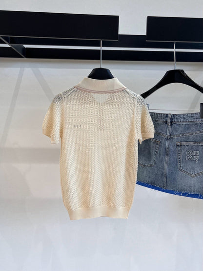 Miumiu Short-Sleeve Knitted Wool Cream Polo Shirt