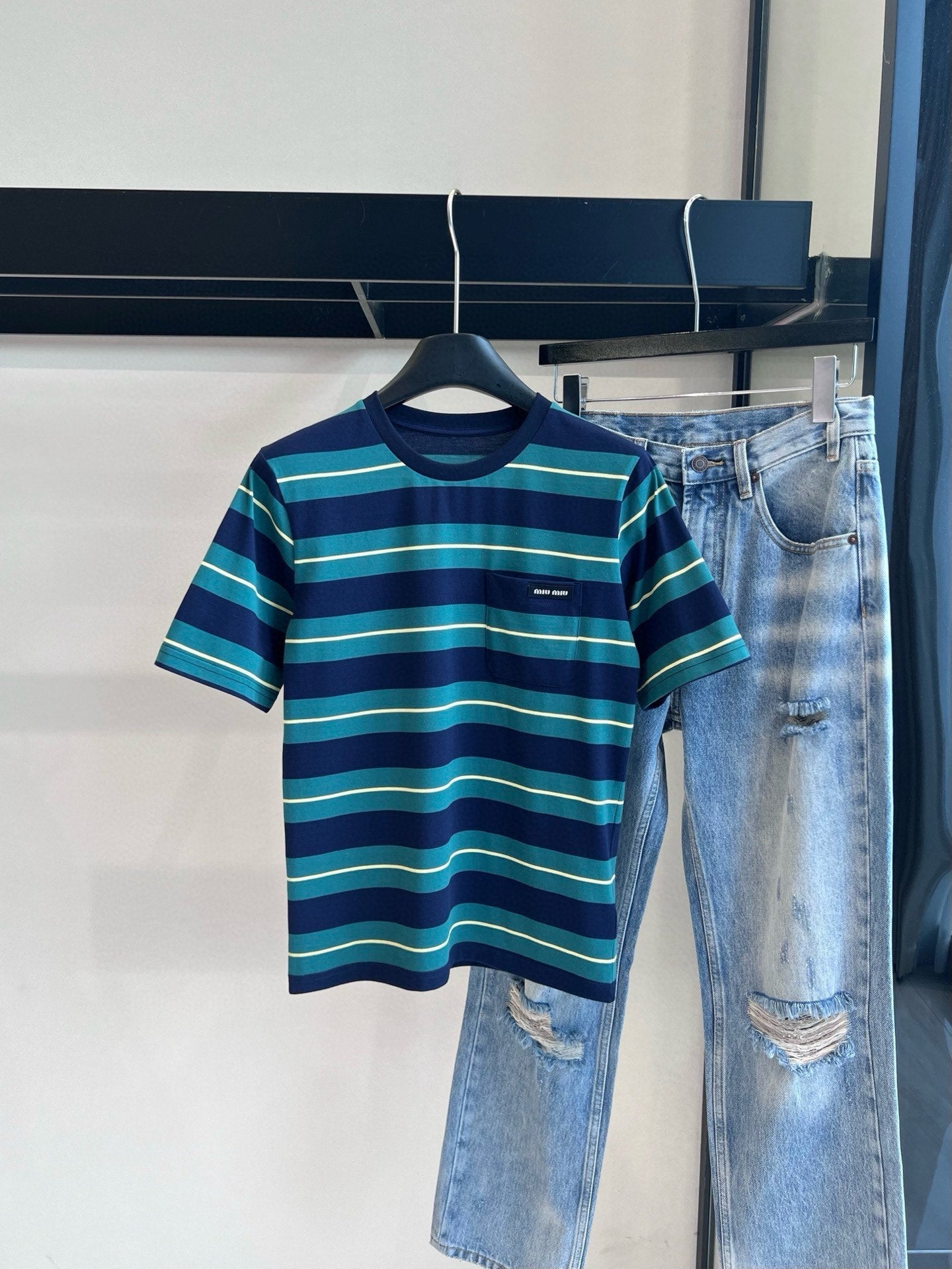 Miumiu Short-Sleeve Stripped T Shirt Green and Dark Blue Cotton