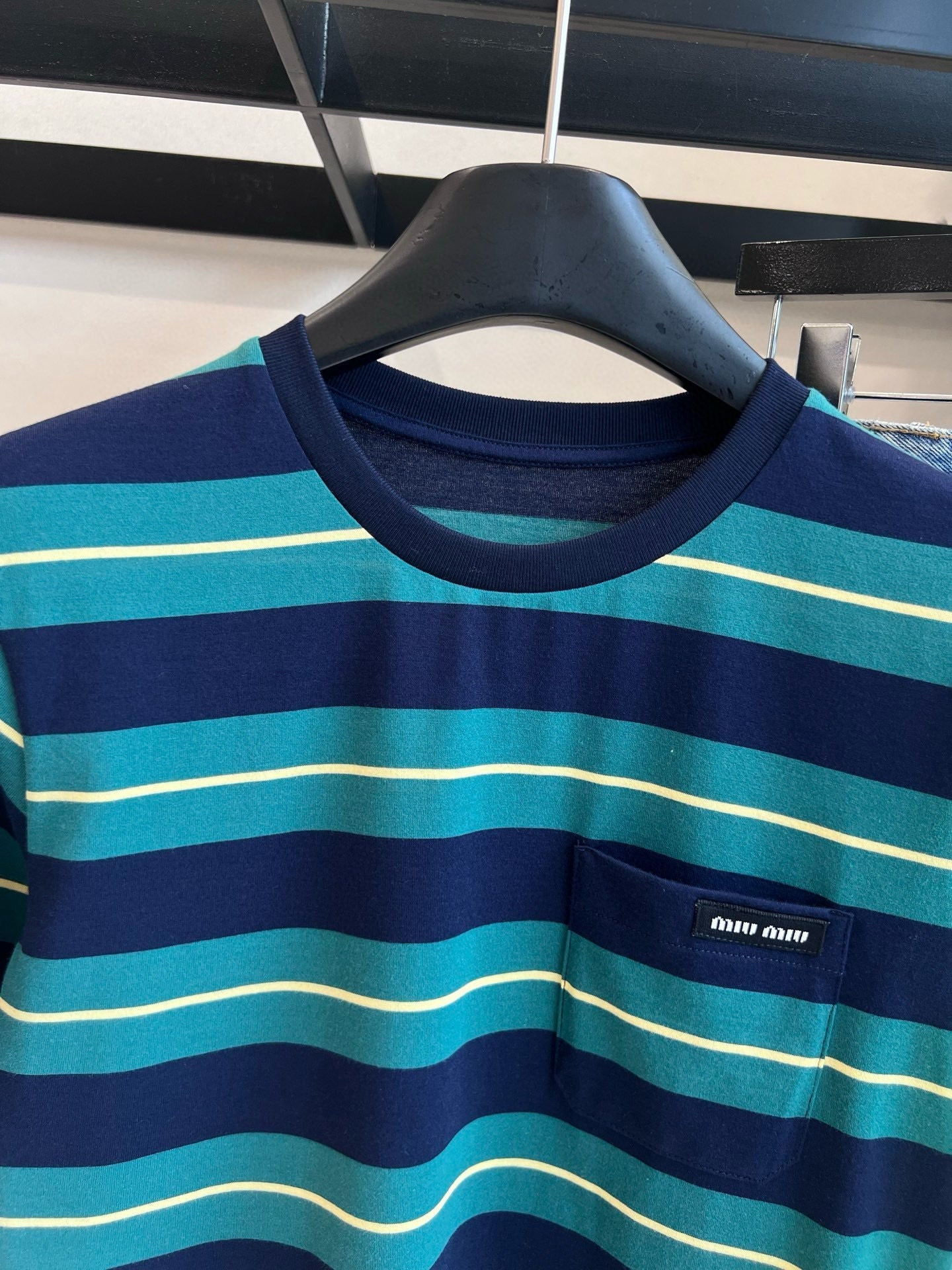 Miumiu Short-Sleeve Stripped T Shirt Green and Dark Blue Cotton