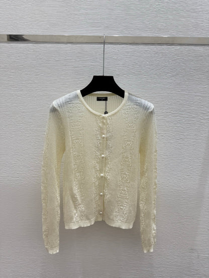 CC 25 Hollow Crew Neck Knit Long Sleeve Cardigan Wool