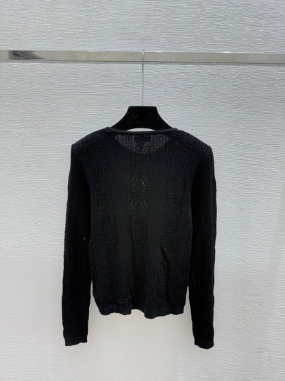 CC 25 Hollow Crew Neck Knit Long Sleeve Cardigan Wool